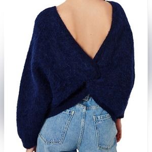 Bash Navy Blue Alpaca Blend Twisted Knot Back Deep V Design Sweater Size M